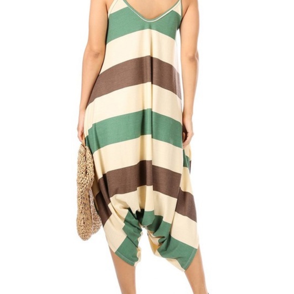 Striped Jumpsuit W/ pockets Beige,Green and Brown Sz  2XL - Picture 4 of 6